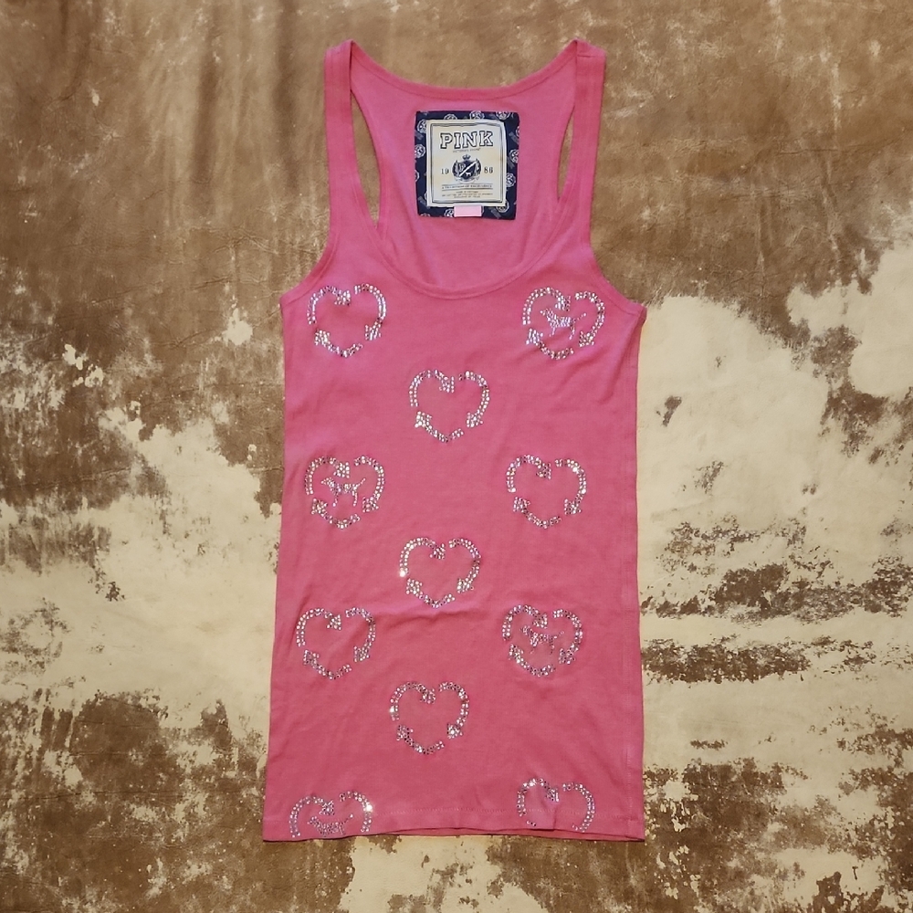 VS Pink and Diamond Hearts with dog Bling Tank Top. Size: L